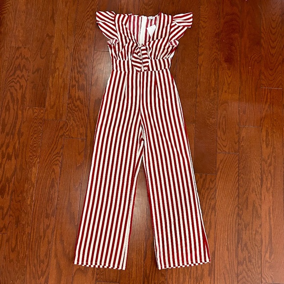 Love, Fire Pants - NWT red and white striped jumpsuit flutter cap sleeves bow cute sailor nautical